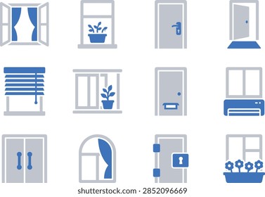 Modern interior doors and window frames architectural icons set with balcony casement and blinds