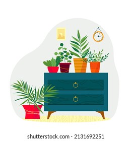 Modern interior with dresser and houseplants. Vector illustration in flat style. Commode with houseplants.
