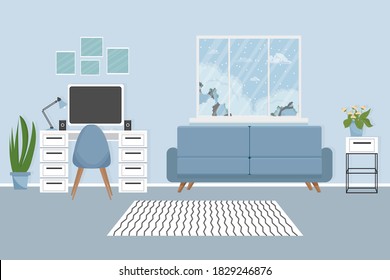 Modern interior in elegant colours with workplace, computer, lamp, cozy sofa, chair, plants and window stock vector illustration. Empty room for your design.
