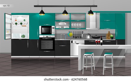 Modern interior of the emerald gray kitchen with floor tiles. Vector illustration. Household kitchen appliances cabinets, shelves,gas stove, cooker hood, refrigerator, microwave, dishwasher, cookware