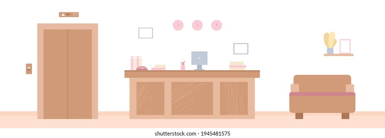 Modern interior empty reception room with furniture and workplace receptionist