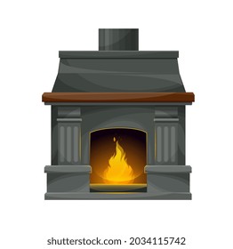 Modern Interior Fireplace With Burning Fire. Vector Fire Place, Hearth Or Stove With Gray Stone Walls, Frame, Hearth And Chimney, Decorative Pillars And Mantel With Wood Shelf, Bright Flame And Sparks