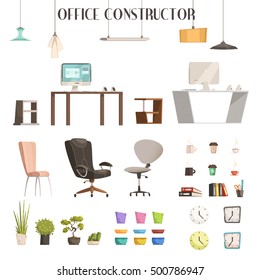 Modern interior furniture and accessories cartoon style icons for trendy office renovation and construction isolated vector illustration 
