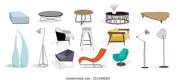 Modern interior furniture set armchair, lamp, sofa coffee table Vector illustration in flat style 