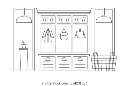 Modern interior hallway with basket, wardrobe, lamp, umbrella, jacket, bag, sweater. Hallway interior with furniture. Hall inside the house. Vector illustration in linear style with place for text