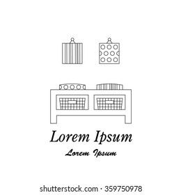 Modern interior hallway with bench, commode, pillow and basket. Hallway interior with furniture. Hall inside the house. Vector illustration in linear style with place for text
