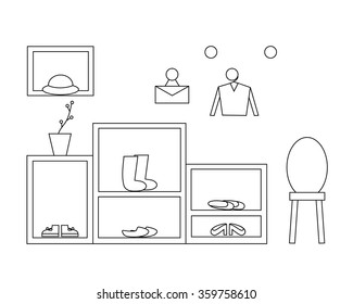 Modern interior hallway with commode, chair, bag, hat, flower, pullover, shoes. Hallway interior with furniture. Hall inside the house. Vector illustration in linear style with place for text