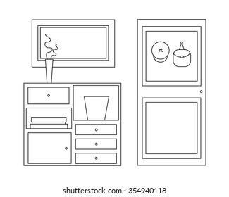 Modern interior hallway with commode, door, plant, mirror, bag, hat, box. Hallway interior with furniture. Hall inside the house. Vector illustration in linear style