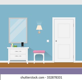 Modern interior hallway with door, mirror and pouf. Perfume, cream,  jewelry box, and charging for the phone are the decor of the room.