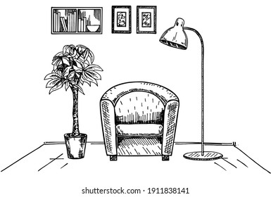 Modern Interior Hand Drawing Vector. Hand Drawn A Soft Armchair. Nearby Is A Floor Lamp. Sketch Of Living Room. Hand Drawn Furniture. Vector Illustration Of Furniture Interior Room, Living Apartment