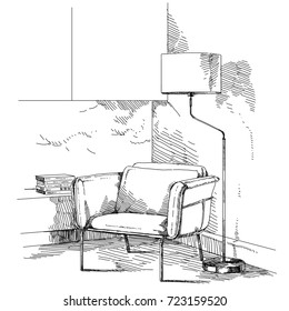 Modern interior hand drawing vector.