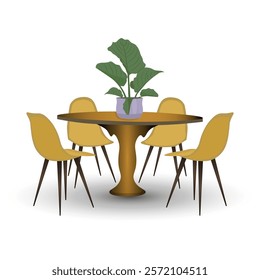 The modern interior has a round wooden table with a potted houseplant on top, and four yellow chairs in a minimalist style around it, Interior design, furniture, decor and home comfort. Vector 