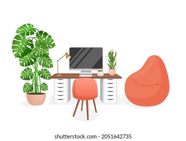 Modern interior for home office with computer, cabinet, remote work, freelancing, education. Workplace with houseplants. Vector illustration in flat cartoon style. Comfortable workplace and apartment