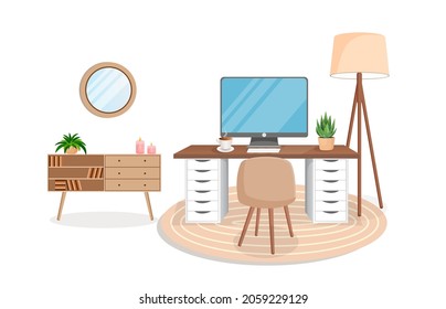 Interior moderno para oficina en casa con computadora, gabinete, trabajo a distancia, trabajo independiente, educación. Lugar de trabajo con plantas domésticas. Ilustración vectorial al estilo de las caricaturas planas. Lugar de trabajo y apartamento cómodos