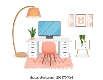 Modern interior for home office with computer, cabinet, remote work, freelancing, education. Workplace with houseplants. Vector illustration in flat cartoon style. Comfortable workplace and apartment.