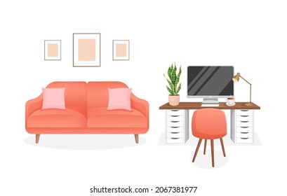 Interior moderno para oficina en casa con computadora, gabinete, trabajo a distancia, trabajo independiente, educación. Lugar de trabajo con plantas domésticas. Ilustración vectorial al estilo de las caricaturas planas. Lugar de trabajo y apartamento cómodos.