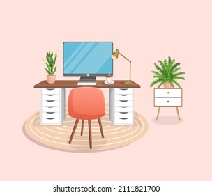 Interior moderno para oficina en casa con computadora, gabinete, trabajo a distancia, trabajo independiente, educación. Lugar de trabajo con plantas domésticas. Ilustración vectorial al estilo de las caricaturas planas. Lugar de trabajo y apartamento cómodos.
