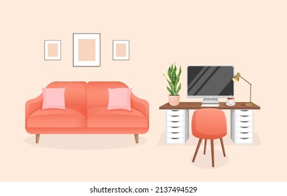 Interior moderno para oficina en casa con computadora, gabinete, trabajo a distancia, trabajo independiente, educación. Lugar de trabajo con plantas domésticas. Ilustración vectorial al estilo de las caricaturas planas. Lugar de trabajo y apartamento cómodos.