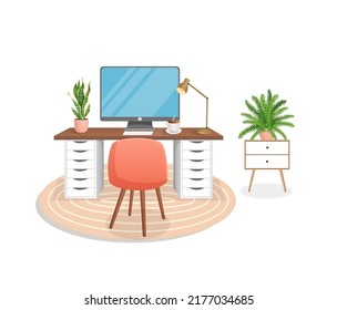 Interior moderno para oficina en casa con computadora, gabinete, trabajo a distancia, trabajo independiente, educación. Lugar de trabajo con plantas domésticas. Ilustración vectorial al estilo de las caricaturas planas. Lugar de trabajo y apartamento cómodos.