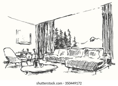 Modern interior illustration. Cozy room with beautiful view at nature. Hand drawn, sketch.