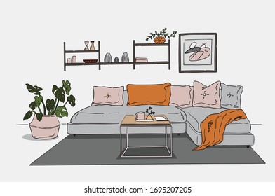 Modern interior illustration of living room with a sofa, house plants in a pot, and a coffee table. 