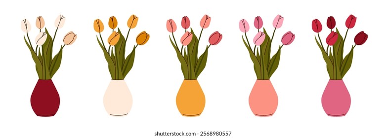 Modern interior illustration of tulips different color tulips bouquet in vase.  Tulip blossom flowers for house plant flat drawing. Valentine's Day on 14 February and 8 March. Wallpaper, flyer, poster