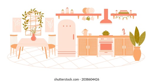 Modern interior items for a kitchen: fridge, table, houseplant, sink, window, lamp. Vector flat illustration with furniture on white background