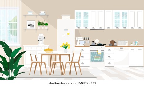 Modern interior of the kitchen and dining room with furniture, dishes, window, household appliances. 