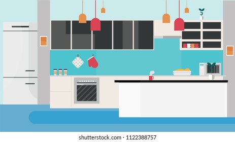 Modern interior kitchen room in blue tones.cartoon kitchen Vector. Kitchen with equipment