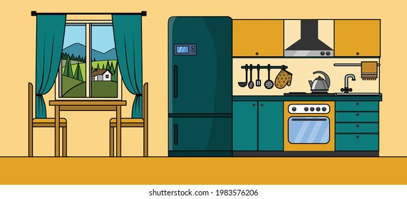 Moderna sala de cocina interior en tonos amarillos y azules. Utensilios de cocina y electrodomésticos en las baldosas de fondo. Ilustración de dibujos animados aislados planos