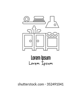Modern interior kitchen with sink, crane,  stove, extractor hood and shelf. Kitchen interior with furniture. Kitchen inside the house. Vector illustration in linear style with place for text