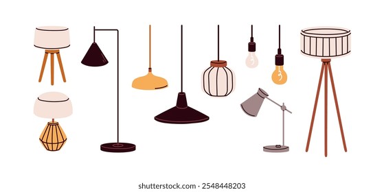 Lâmpadas interiores modernas. Designs de iluminação doméstica elegantes. Lâmpadas de pingente de chão, mesa e teto, estilo moderno iluminação acolhedora com sombras. Ilustração de vetor plano isolada no plano de fundo branco