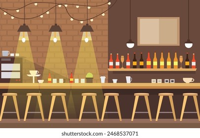 Modern Interior Landscape in Cafe Restaurant with Bar Table and Customer Chairs