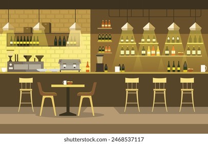 Modern Interior Landscape in Cafe Restaurant with Bar Table and Customer Chairs