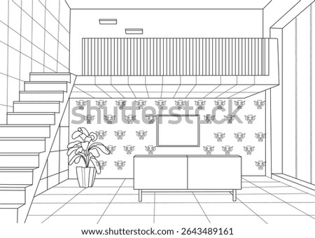 Modern Interior Line Art Sketch with Staircase, Black and white line drawing illustration depicting a modern interior design featuring a prominent staircase leading to a mezzanine level. The ground