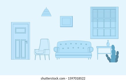 Modern interior of the living room. Apartments with window and cozy furniture table, lamp, picture, flowers. Vector illustration isolated template