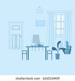 Modern interior of the living room. Apartments with window and cozy furniture table, lamp, picture, flowers. Vector illustration isolated template