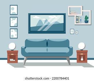 Modern interior of the living room in blue tones. Vector interior design of the apartment. Comfortable sofa, paintings, lamps, shelves, books, indoor plants.