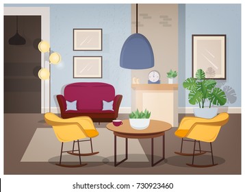 Modern interior of living room with comfortable furniture and trendy home decorations - sofa, armchairs, carpet, coffee table, house plants, floor lamp, wall pictures. Colored vector illustration.
