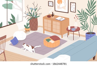 Modern interior of living room. Cosy furnished apartment. Sleeping cat on the floor. Comfy flat with sofa, coffee table, houseplants growing in pots and home decorations. Flat vector illustration