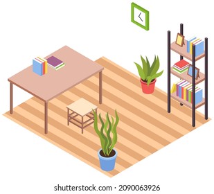 Modern interior of living room. Cosy furnished apartment. Comfy flat with table, stool, bookshelf and houseplants growing in pots and home decorations on white background, elements of furniture