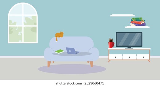 Modern interior living room cozy Design work from home concept vector illustration design background