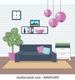 Modern Interior Living Room Design with Furniture. Vector illustration