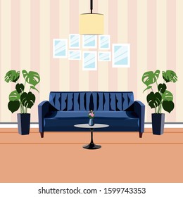 Modern interior of the living room. Flat cartoon style. Vector illustration