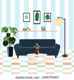 Modern interior of the living room. Flat cartoon style. Vector illustration