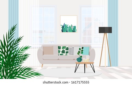 Modern interior of a living room with furniture in light colors.