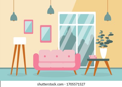 Modern interior of a living room with furniture. Design of a cozy room with sofa, lamp, table, window and decor accessories. Flat style vector illustration.