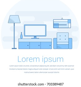 Modern interior of living room with furniture and TV. Line vector illustration in flat style