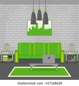 Modern Interior. Living Room in Grunge Style Design with Furniture and Laptop. Vector illustration