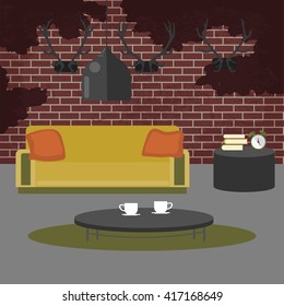 Modern Interior. Living Room in Grunge Style Design with Furniture. Vector illustration